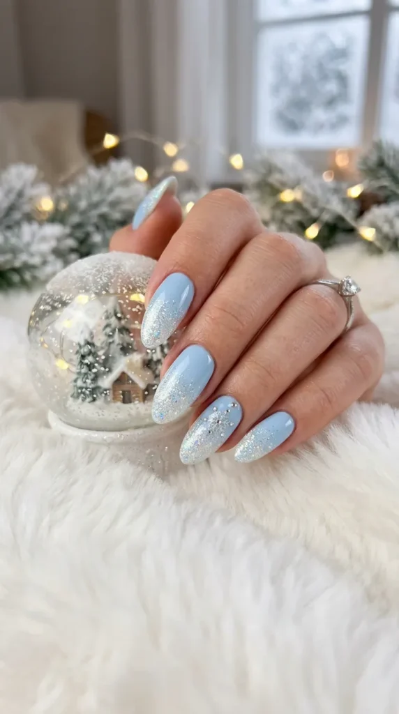 White Glitter Ombre on Pale Blue Base