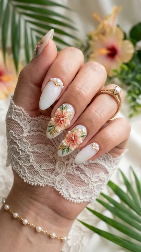 Pearl-Embellished Hibiscus Flower Nails