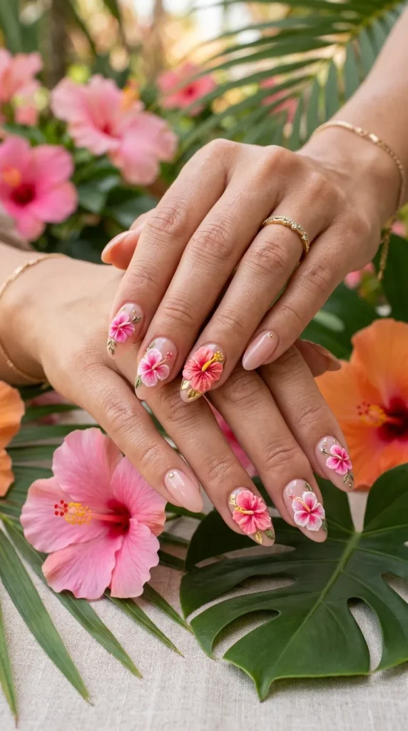 3D Hibiscus Flower Nails with Gold Details