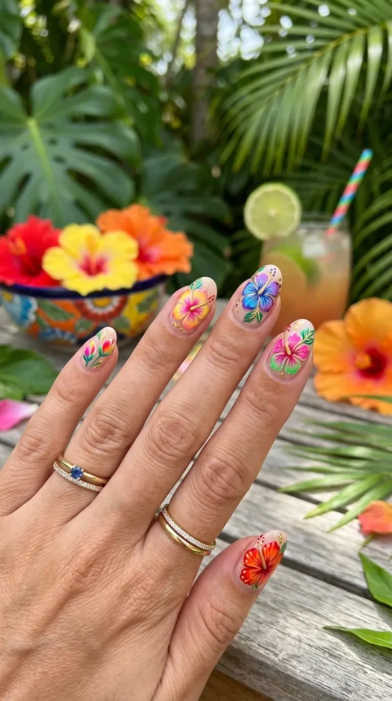 Rainbow Tropical Hibiscus Nails