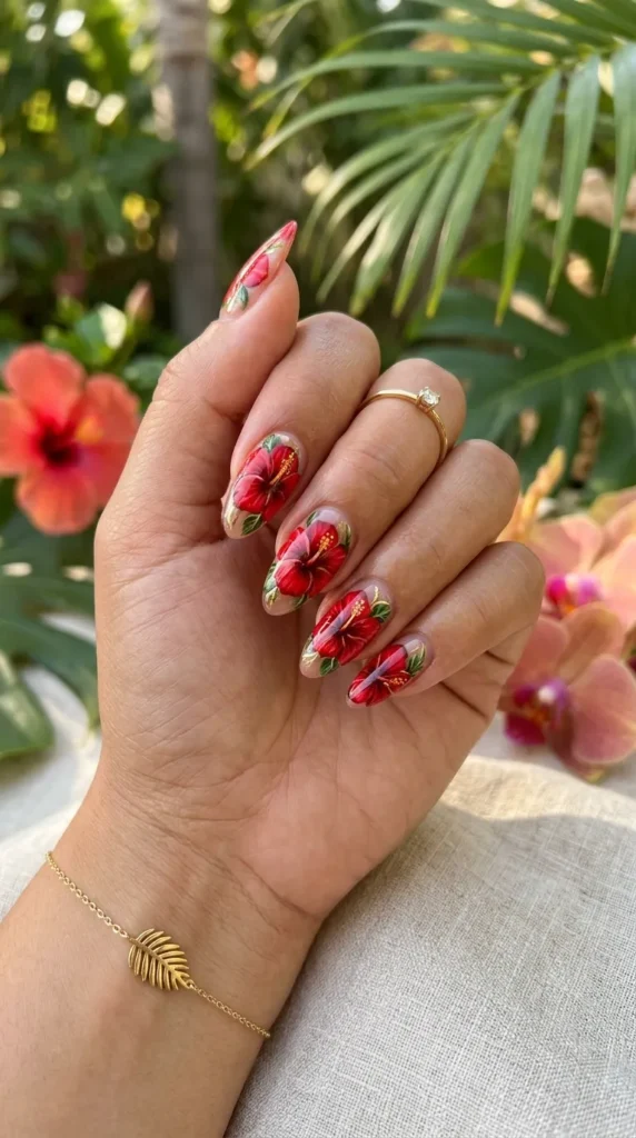 Red Hibiscus Flower Nails