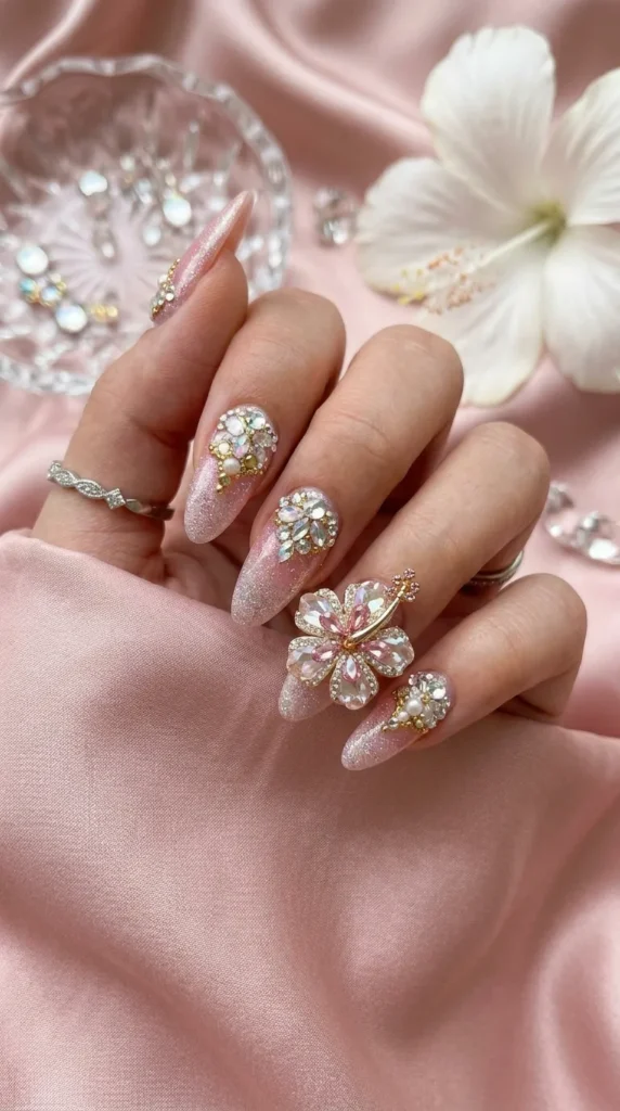 Rhinestone 3D Hibiscus Flower Nails