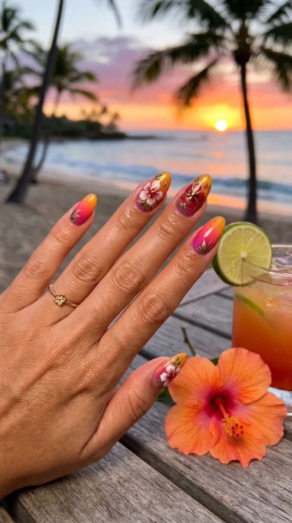 Tropical Ombre Hibiscus Nails
