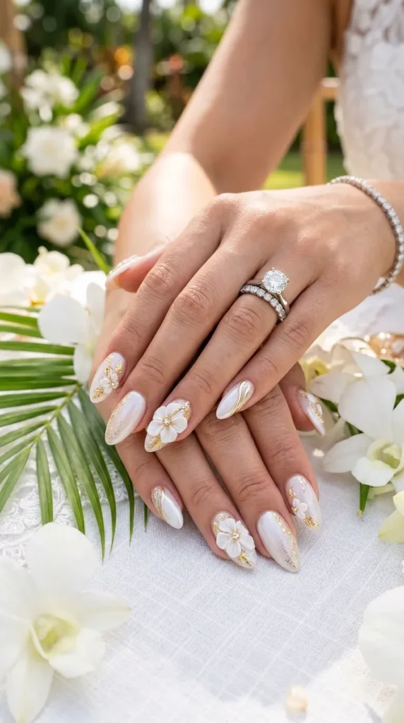 White and Gold 3D Hibiscus Nails