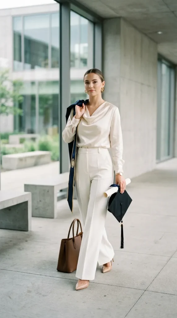 Satin Blouse and Tailored Trousers